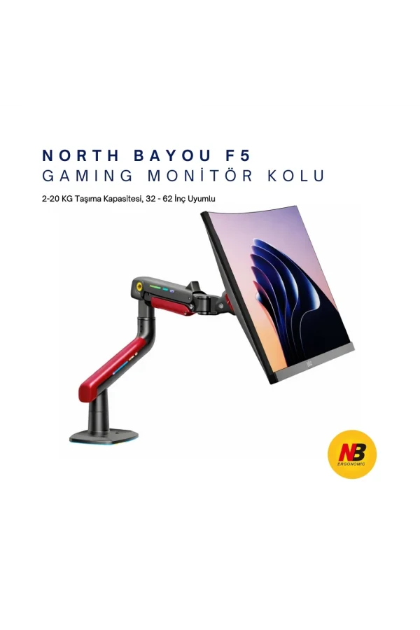 NB F5-GR Gaming Monitör Kolu 32-60 inç RGB Işıklı 2-20 KG Yüksek Taşıma Kapasiteli Profesyonel Monitör Askısı KIRMIZI