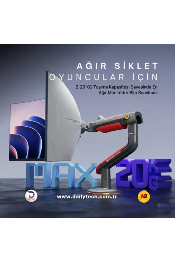 NB F5-GR Gaming Monitör Kolu 32-60 inç RGB Işıklı 2-20 KG Yüksek Taşıma Kapasiteli Profesyonel Monitör Askısı KIRMIZI