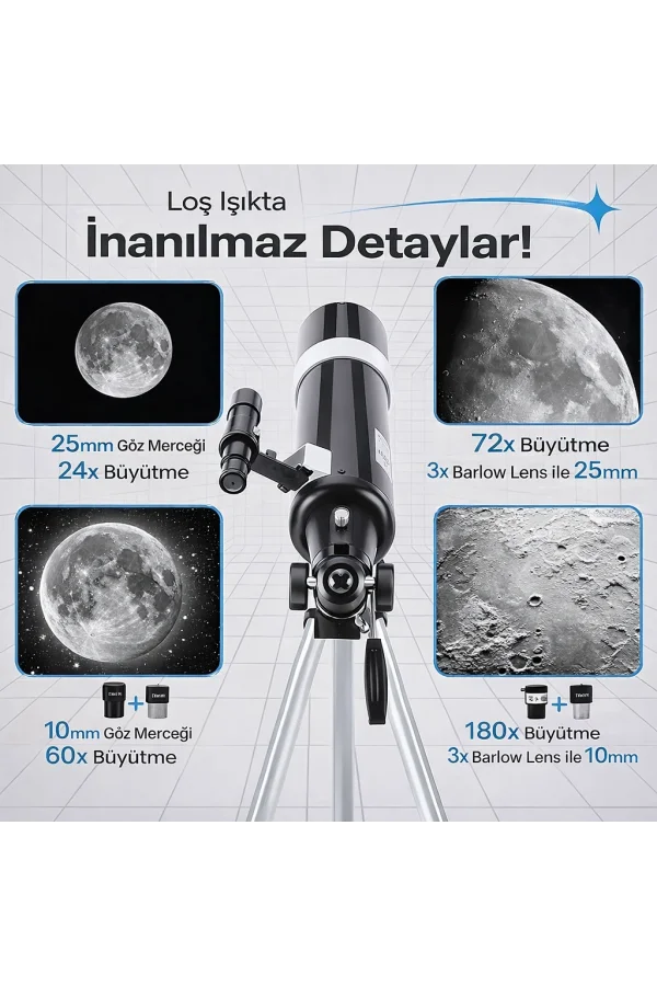 Dailytech 80mm Astronomi Teleskobu 600mm odak Kumandalı 3x Barlow Lens Setli Yetişkinler & Yeni başlayanlar