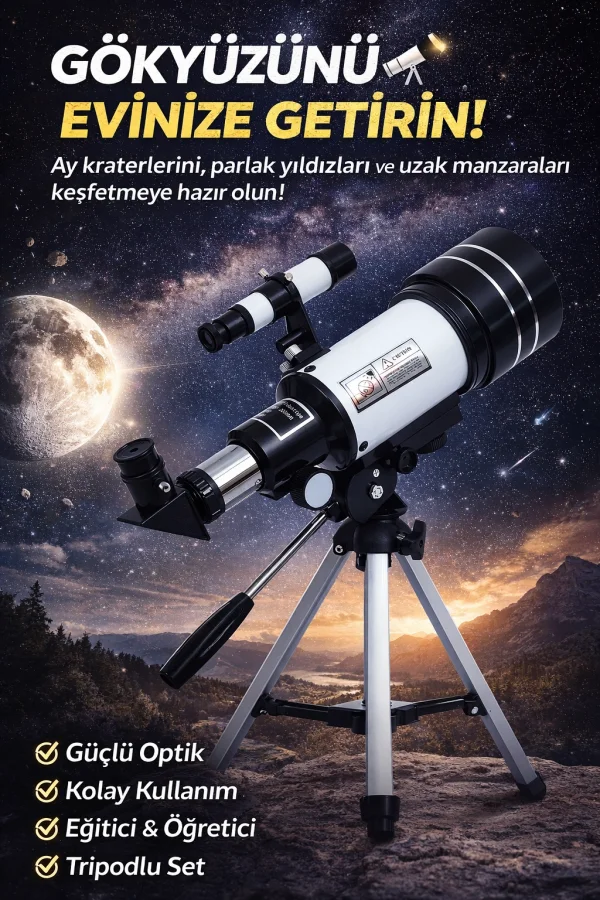 Başlangıç Astronomik Monoküler Teleskop Ay & Yıldız Gözlemi Eğitici Güçlü Optik Tripodlu Set