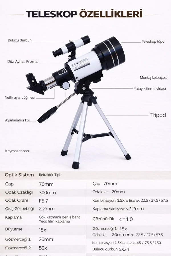 Başlangıç Astronomik Monoküler Teleskop Ay & Yıldız Gözlemi Eğitici Güçlü Optik Tripodlu Set