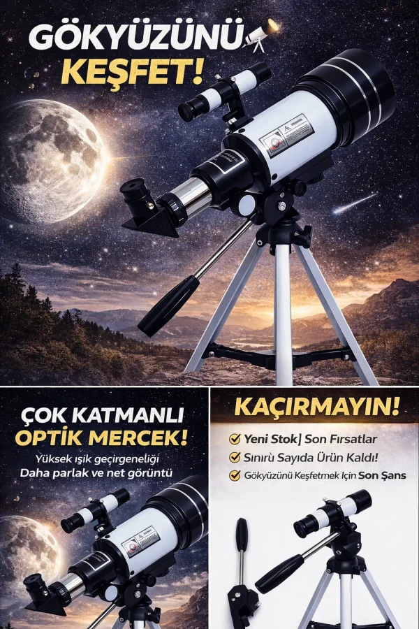 Başlangıç Astronomik Monoküler Teleskop Ay & Yıldız Gözlemi Eğitici Güçlü Optik Tripodlu Set