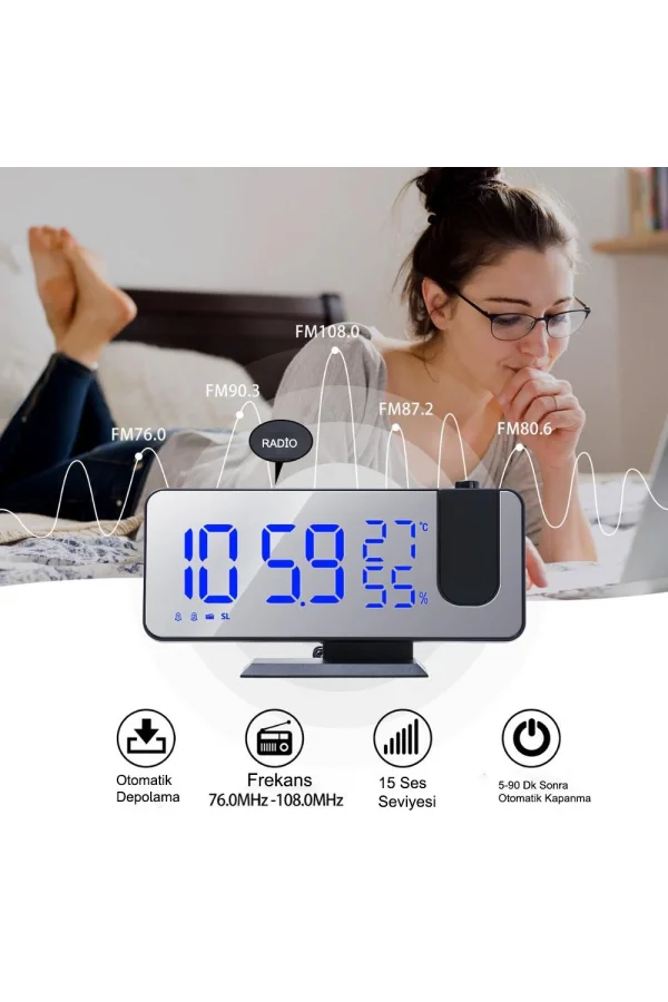 DailyLink Çok Fonksiyonlu Masaüstü Saat (FM Radio Alarm Projeksiyon Sıcaklık Alarm)