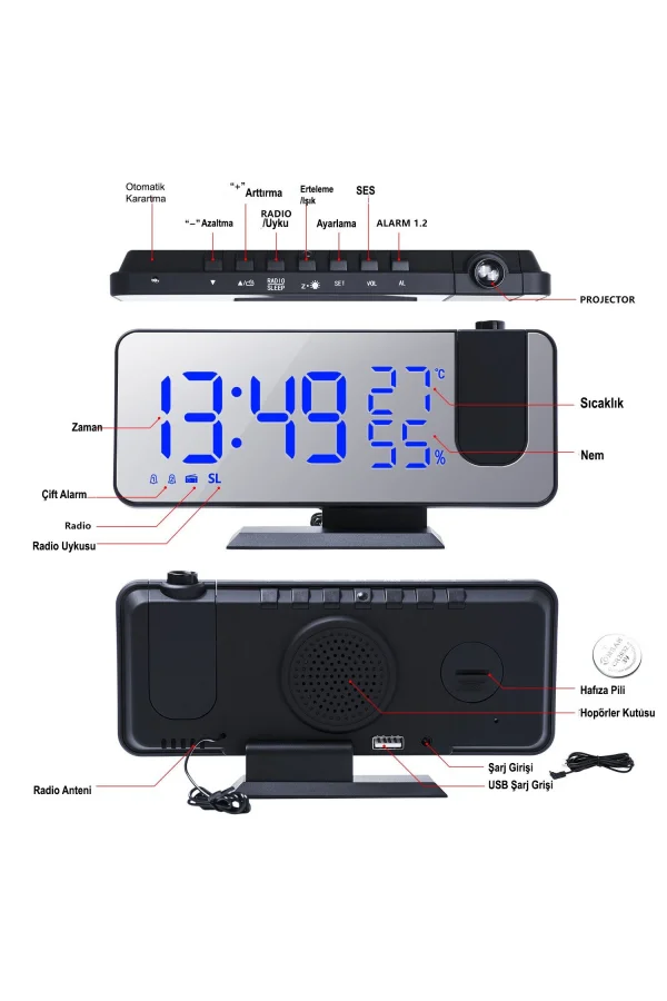 DailyLink Çok Fonksiyonlu Masaüstü Saat (FM Radio Alarm Projeksiyon Sıcaklık Alarm)