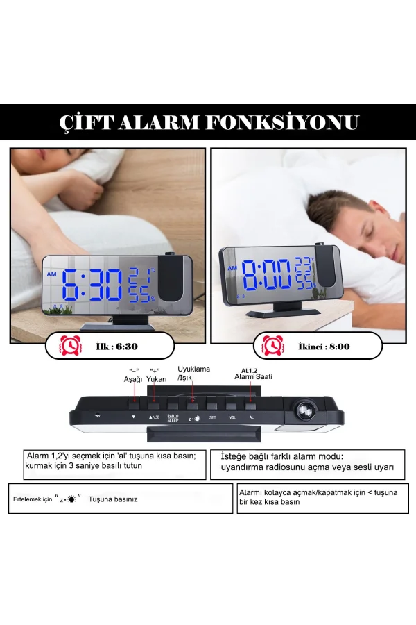 DailyLink Çok Fonksiyonlu Masaüstü Saat (FM Radio Alarm Projeksiyon Sıcaklık Alarm)