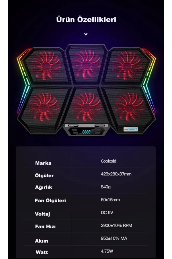 Coolcold LED K40 6 Fanlı 17 inç RGB Laptop Notebook Soğutucu Stand