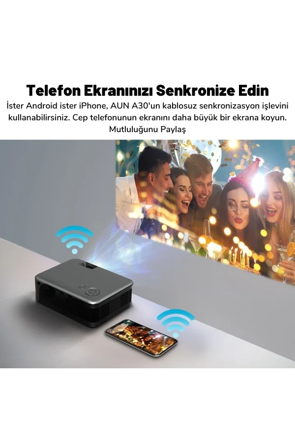 DailyLink Aun A30 Full Hd Wifi 1080 Destekli Mini Projeksiyon Cihazı Cep Telefonu Yansıtma