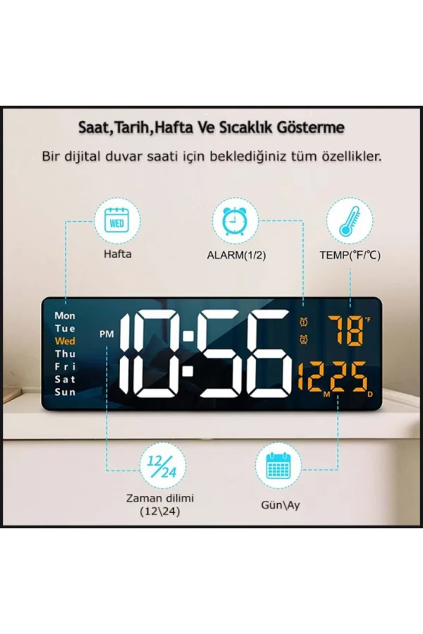 DailyLink Kumandalı Duvara Monte Dijital Duvar Masa Saati Geri Sayım Sıcaklık Tarih Alarm