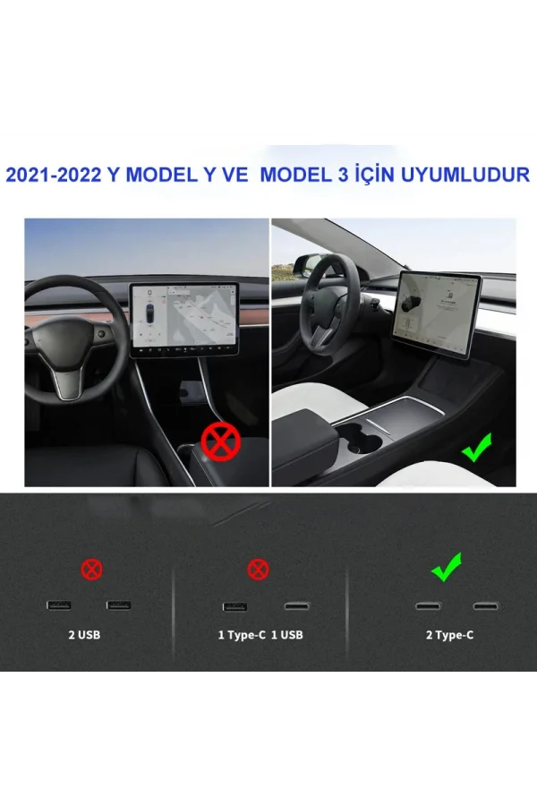 2021-2022 Tesla Model 3/Y Uyumlu 27W Hızlı Şarj USB Hub İstasyonu & Araç Adaptörü