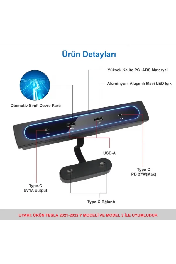 2021-2022 Tesla Model 3/Y Uyumlu 27W Hızlı Şarj USB Hub İstasyonu & Araç Adaptörü