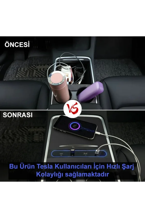 2021-2022 Tesla Model 3/Y Uyumlu 27W Hızlı Şarj USB Hub İstasyonu & Araç Adaptörü