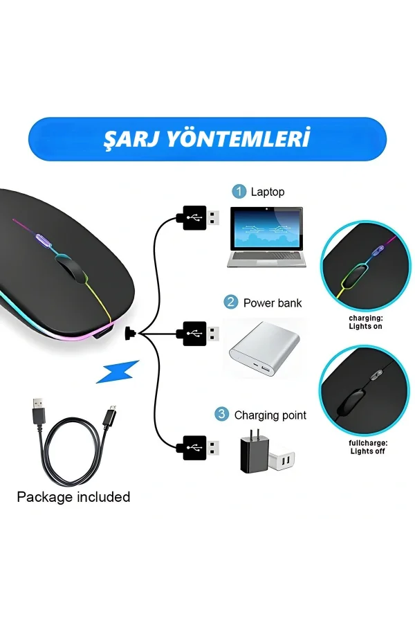 DailyTech Şarj Edilebilir Kablosuz Led Işıklı Sessiz Optic Mouse - GÜMÜŞ GRİ