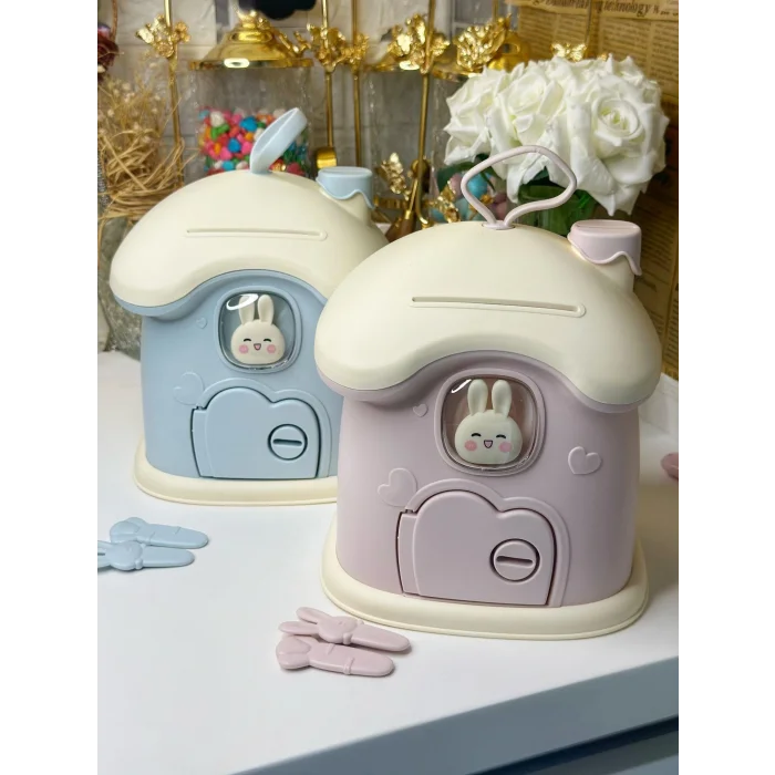 DailyTech Anahtarlı Sevimli Tavşan Figürlü Pembe Kumbara Çocuk Odası Dekoru Para Kutusu