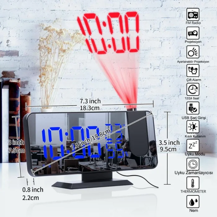 DailyTech Çok Fonksiyonlu Masaüstü Saat (FM Radio Alarm Projeksiyon Sıcaklık Alarm)