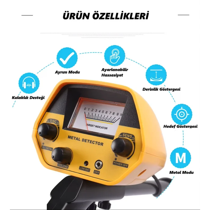 DailyTech Altın Metal Define Dedektörü Ayarlanabilir Göstergeli Kulaklık Destekli