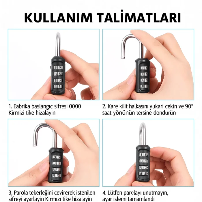 DailyTech 4 Haneli Şifreli Asma Kilit Çelik Halka Dolap Bavul Spor Çantası Okul Spor Salonu Kilidi