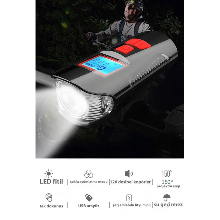DailyTech Bisiklet Işık Korna LCD Hız Göstergesi Su Geçirmez Fener