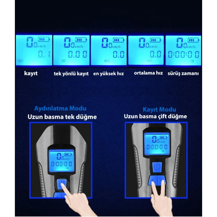 DailyTech Bisiklet Işık Korna LCD Hız Göstergesi Su Geçirmez Fener