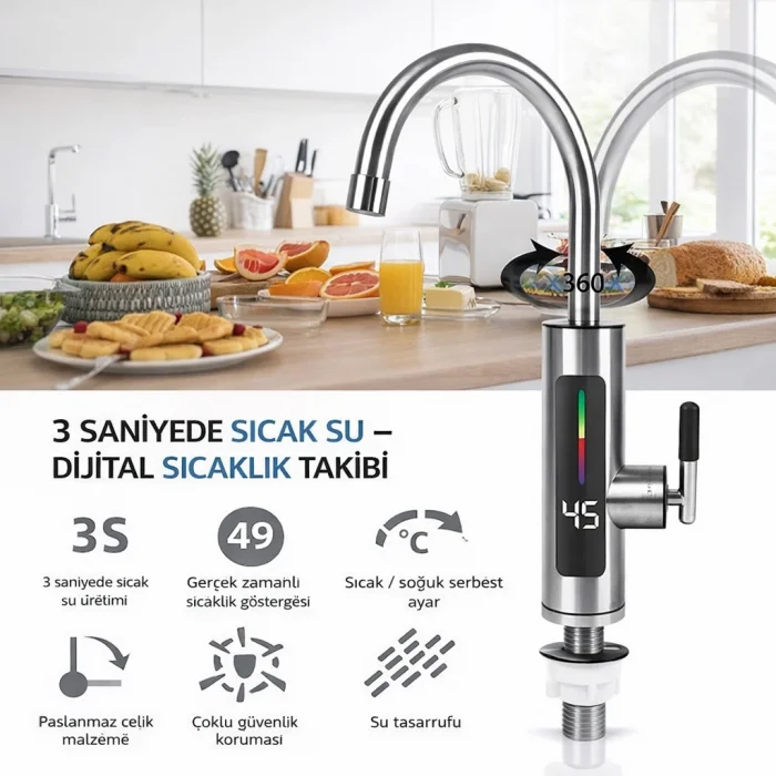 DailyTech 3000W Elektrikli Anında Su Isıtmalı Musluk Dijital Sıcaklık Göstergeli 360 Döner
