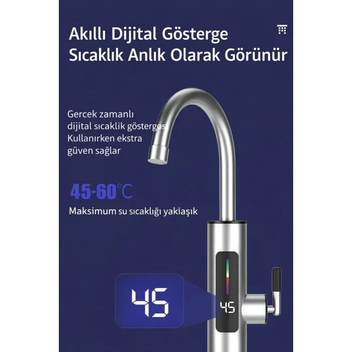DailyTech 3000W Elektrikli Anında Su Isıtmalı Musluk Dijital Sıcaklık Göstergeli 360 Döner
