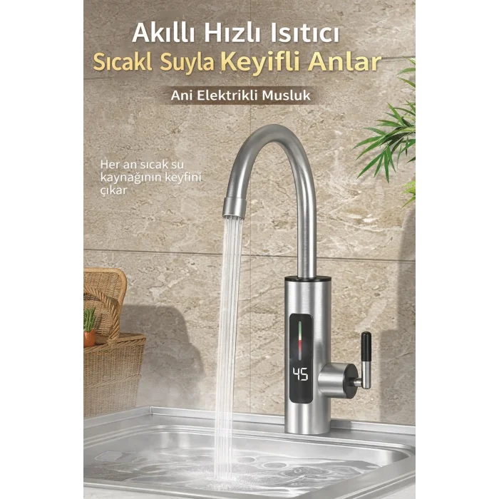 DailyTech 3000W Elektrikli Anında Su Isıtmalı Musluk Dijital Sıcaklık Göstergeli 360 Döner
