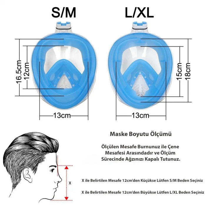 DailyTech Tam Yüz Dalış Maskesi Slikon Şnorkel Full Face - DailyTech - MAVİ - S/M