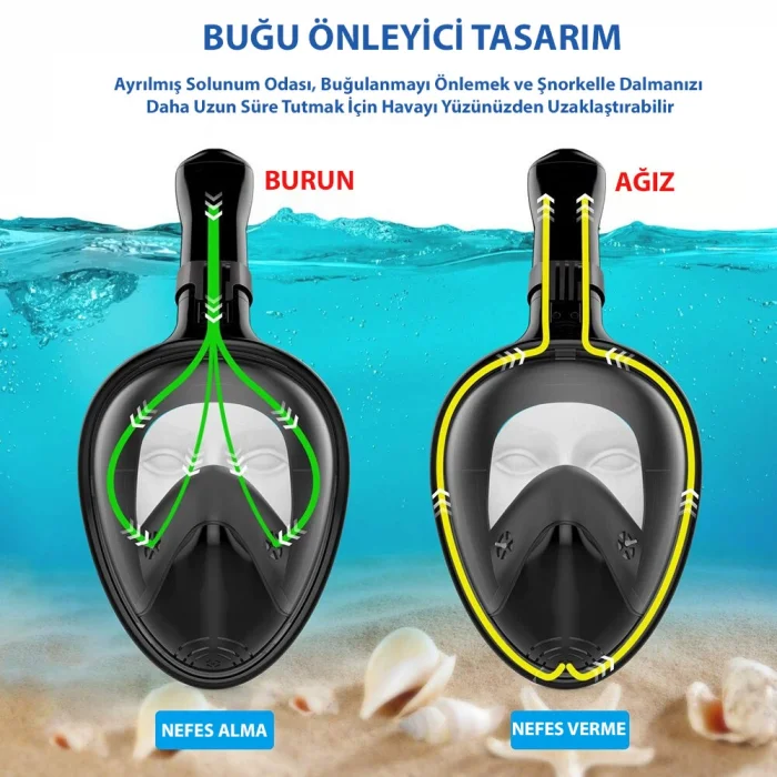 DailyTech Tam Yüz Dalış Maskesi Slikon Şnorkel Full Face - DailyTech - MAVİ - S/M