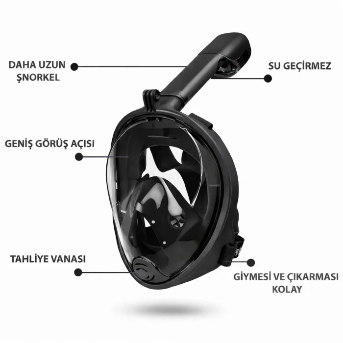DailyTech Tam Yüz Dalış Maskesi Slikon Şnorkel Full Face - DailyTech - SİYAH - L/XL
