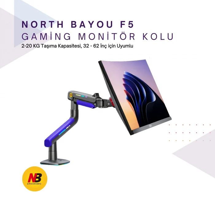 NB F5-GB Gaming Monitör Kolu 32-60 RGB Işıklı 2-20 KG Yüksek Taşıma Kapasiteli Profesyonel Monitör Askısı MAVİ