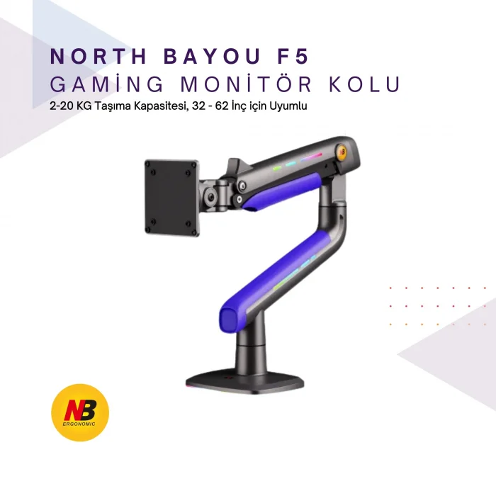 NB F5-GB Gaming Monitör Kolu 32-60 RGB Işıklı 2-20 KG Yüksek Taşıma Kapasiteli Profesyonel Monitör Askısı MAVİ