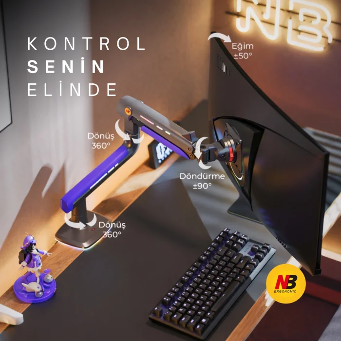 NB F5-GB Gaming Monitör Kolu 32-60 RGB Işıklı 2-20 KG Yüksek Taşıma Kapasiteli Profesyonel Monitör Askısı MAVİ