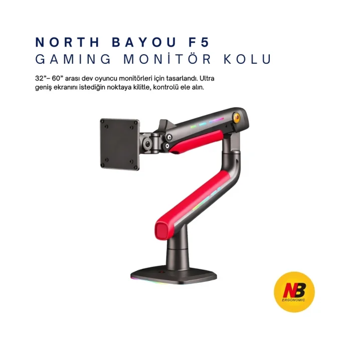 NB F5-GR Gaming Monitör Kolu 32-60 inç RGB Işıklı 2-20 KG Yüksek Taşıma Kapasiteli Profesyonel Monitör Askısı KIRMIZI