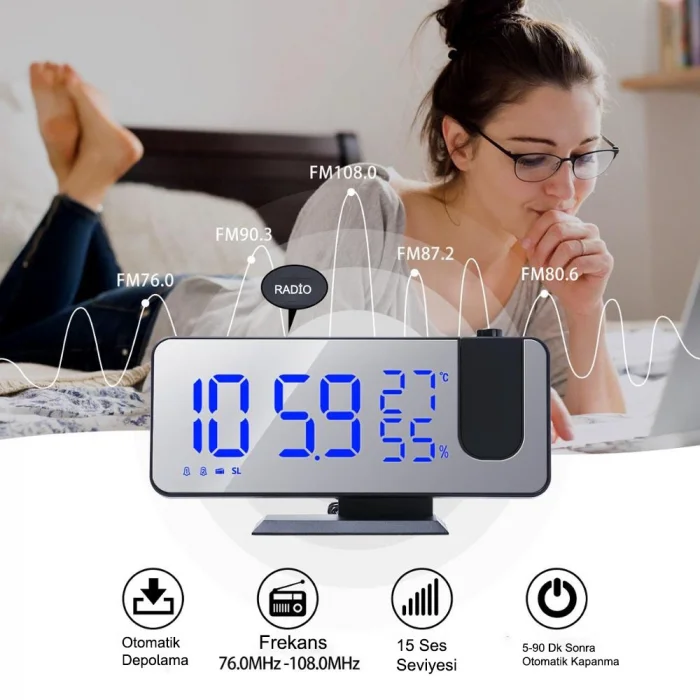 DailyLink Çok Fonksiyonlu Masaüstü Saat (FM Radio Alarm Projeksiyon Sıcaklık Alarm)
