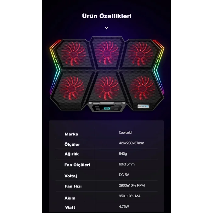 Coolcold LED K40 6 Fanlı 17 inç RGB Laptop Notebook Soğutucu Stand
