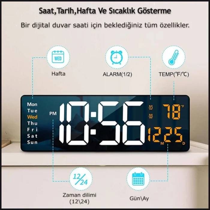 DailyLink Kumandalı Duvara Monte Dijital Duvar Masa Saati Geri Sayım Sıcaklık Tarih Alarm