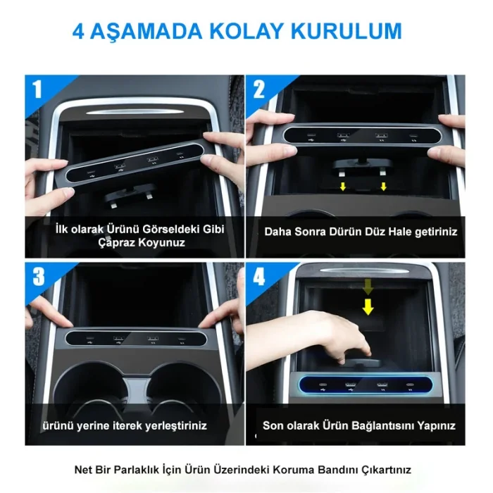 2021-2022 Tesla Model 3/Y Uyumlu 27W Hızlı Şarj USB Hub İstasyonu & Araç Adaptörü