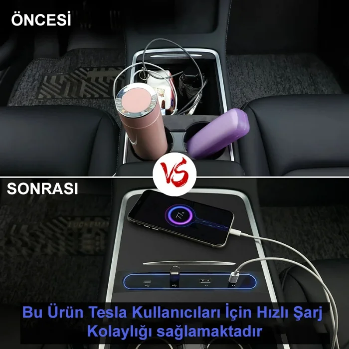 2021-2022 Tesla Model 3/Y Uyumlu 27W Hızlı Şarj USB Hub İstasyonu & Araç Adaptörü