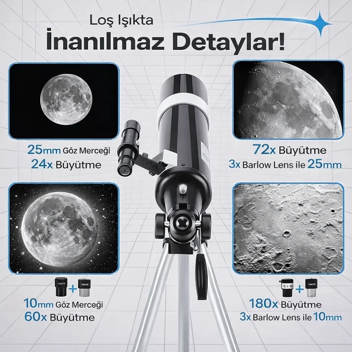 Dailytech 80mm Astronomi Teleskop 600mm odak Kumandalı 3x Barlow Lens Setli Yetişkinler & Yeni başlayanlar