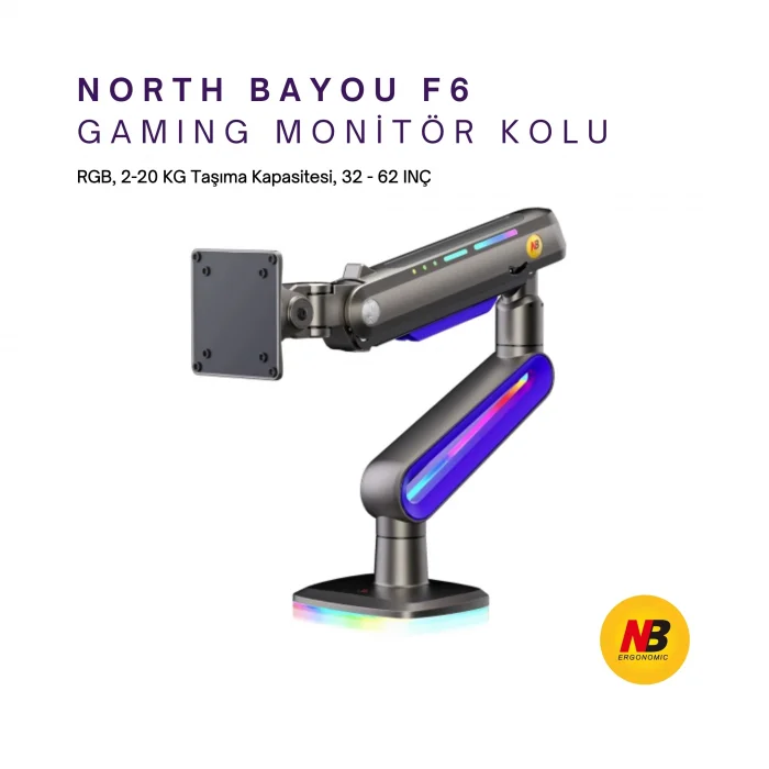 North Bayou NB F6 Gaming 32-60 inç Monitör Kolu 2-20 KG RGB Işıklı Yüksek Taşıma Kapasiteli Profesyonel Monitör Askısı