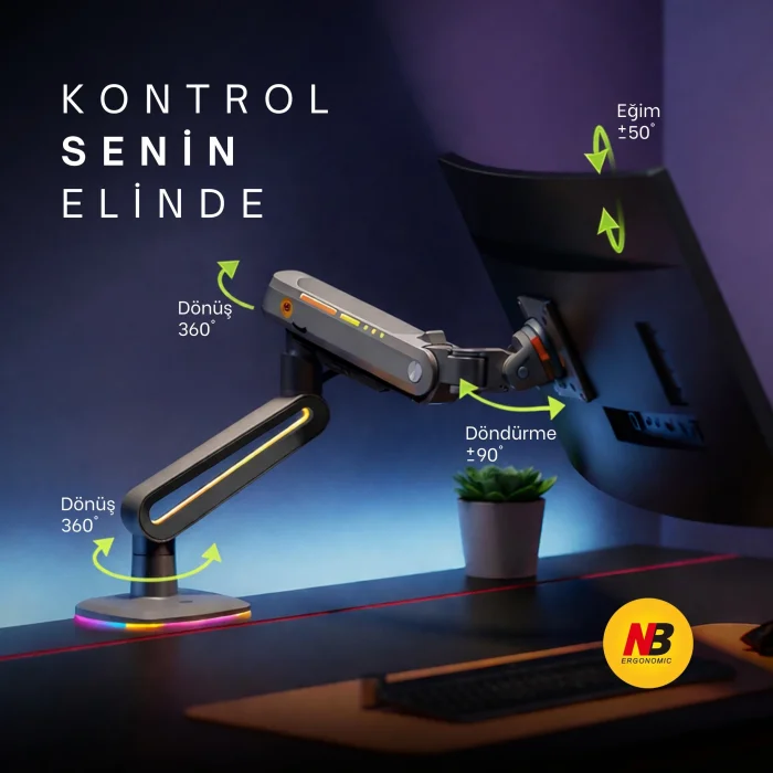 North Bayou NB F6 Gaming 32-60 inç Monitör Kolu 2-20 KG RGB Işıklı Yüksek Taşıma Kapasiteli Profesyonel Monitör Askısı