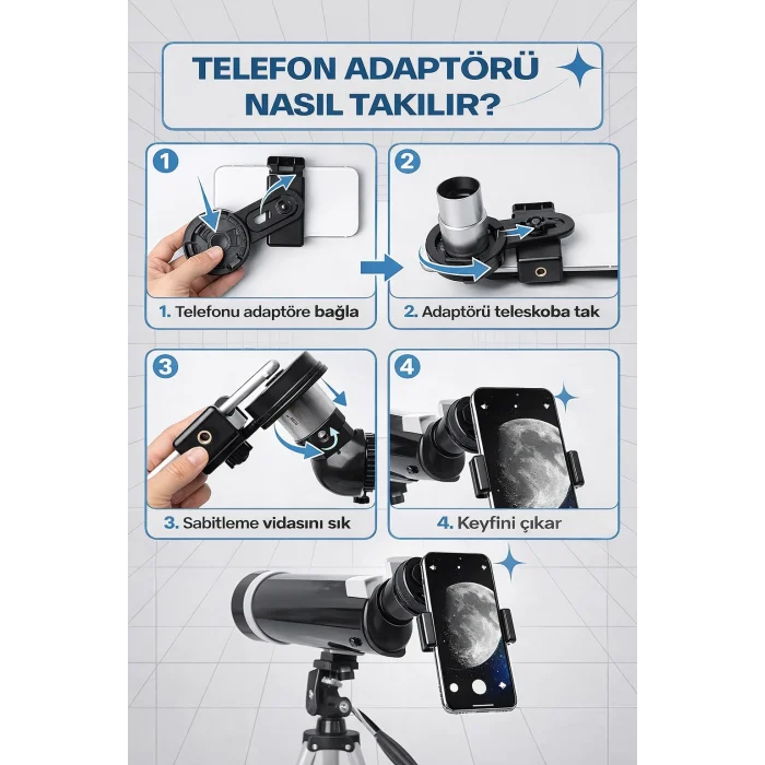 Dailytech 80mm Astronomi Teleskop 600mm odak Kumandalı 3x Barlow Lens Setli Yetişkinler & Yeni başlayanlar