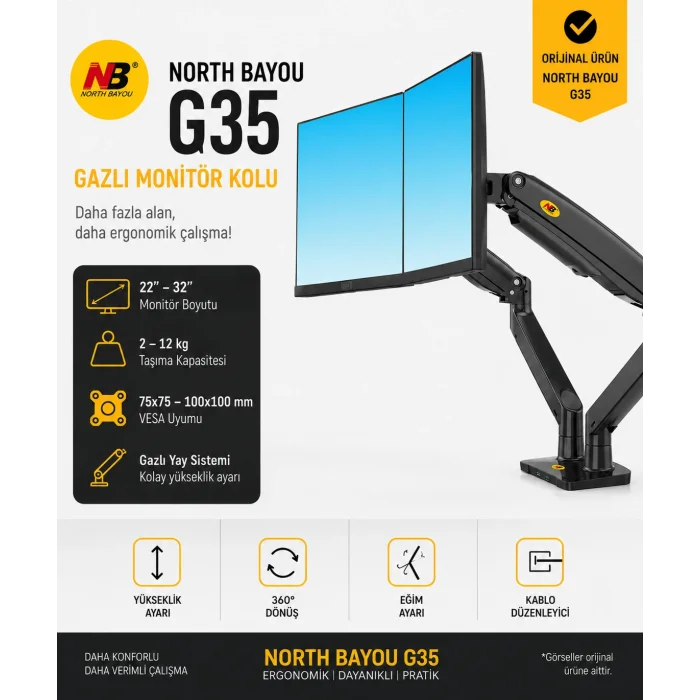 North Bayou G35 Çift Monitör Kolu 22-32 Gazlı Yaylı Ergonomik Monitör Standı 2-12 Kg VESA Uyumlu