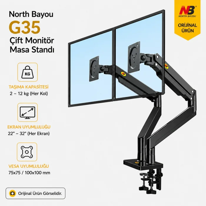 North Bayou G35 Çift Monitör Kolu 22-32 Gazlı Yaylı Ergonomik Monitör Standı 2-12 Kg VESA Uyumlu