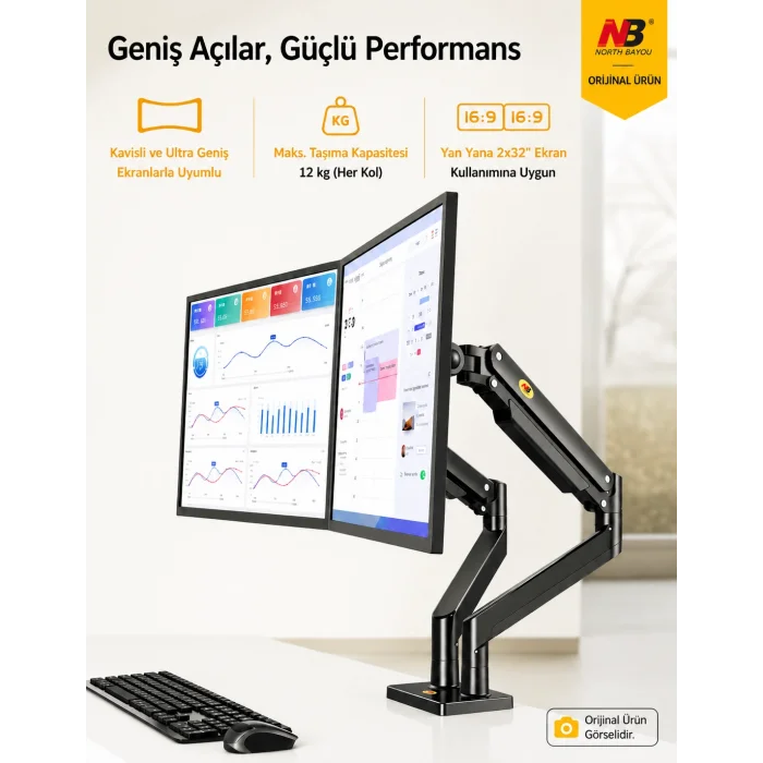 North Bayou G35 Çift Monitör Kolu 22-32 Gazlı Yaylı Ergonomik Monitör Standı 2-12 Kg VESA Uyumlu