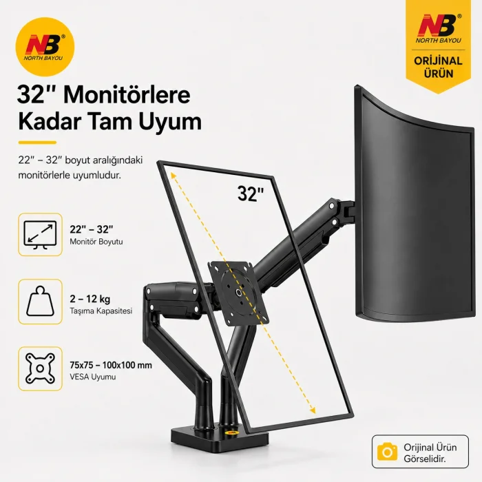 North Bayou G35 Çift Monitör Kolu 22-32 Gazlı Yaylı Ergonomik Monitör Standı 2-12 Kg VESA Uyumlu