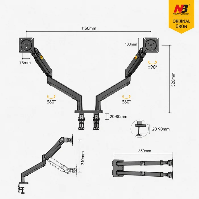 North Bayou G35 Çift Monitör Kolu 22-32 Gazlı Yaylı Ergonomik Monitör Standı 2-12 Kg VESA Uyumlu