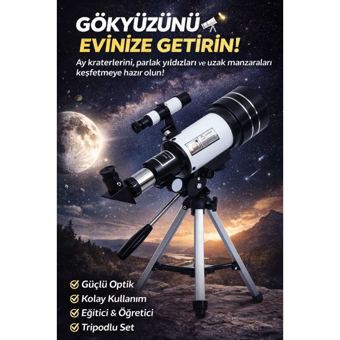 Başlangıç Astronomik Monoküler Teleskop Ay & Yıldız Gözlemi Eğitici Güçlü Optik Tripodlu Set