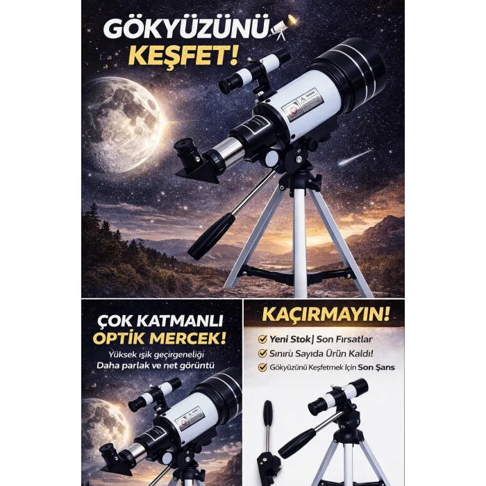 Başlangıç Astronomik Monoküler Teleskop Ay & Yıldız Gözlemi Eğitici Güçlü Optik Tripodlu Set