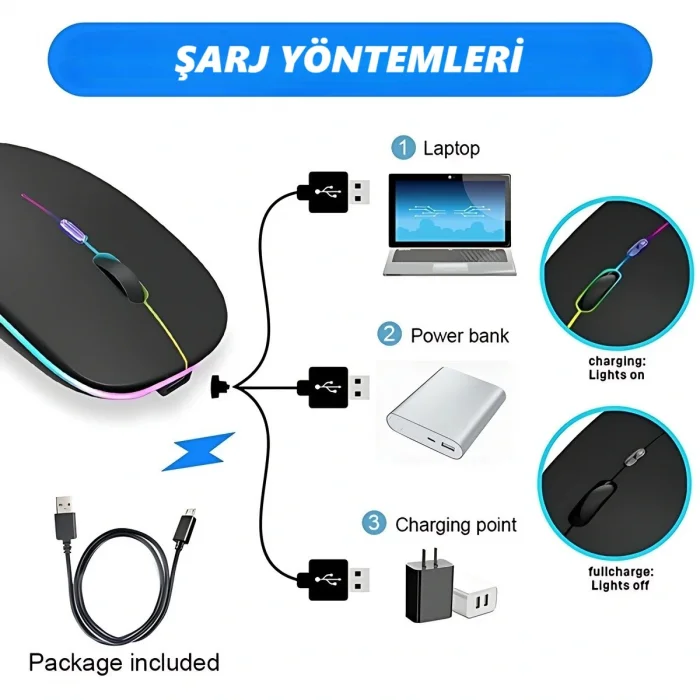 DailyTech Şarj Edilebilir Kablosuz Led Işıklı Sessiz Optic Mouse - SİYAH