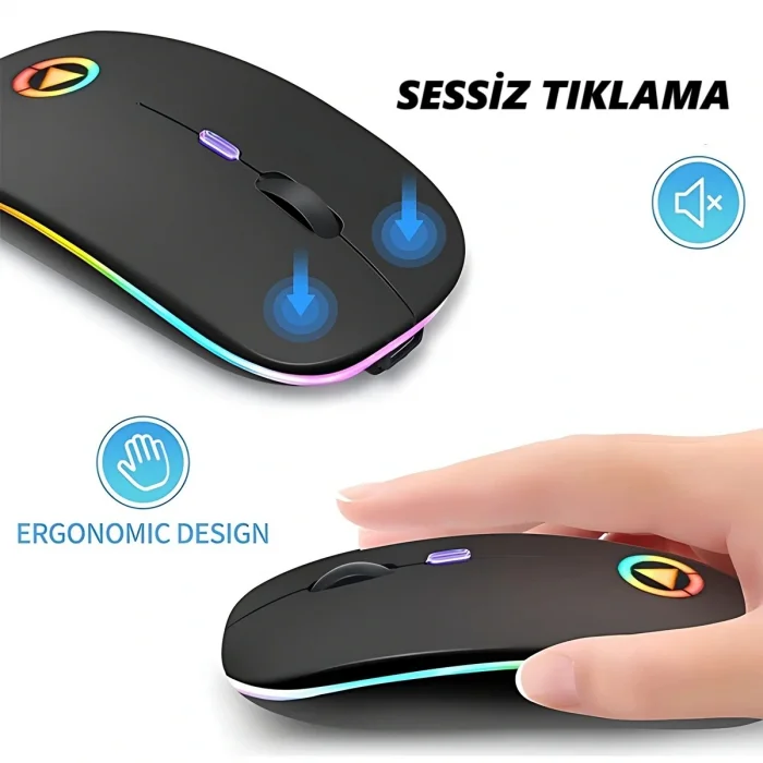 DailyTech Şarj Edilebilir Kablosuz Led Işıklı Sessiz Optic Mouse - SİYAH